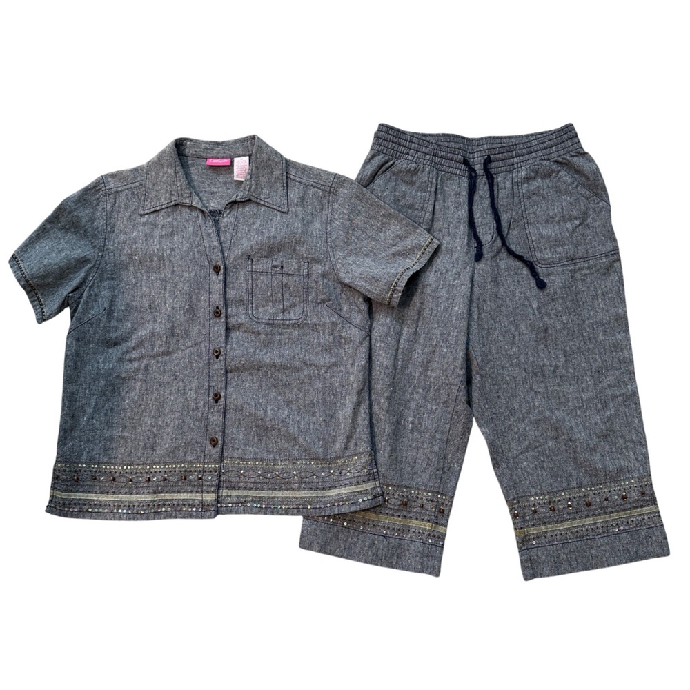 Coppagallo Linen Blend Outfit‎ Set Embellished Details Capris Medium Blouse Gray